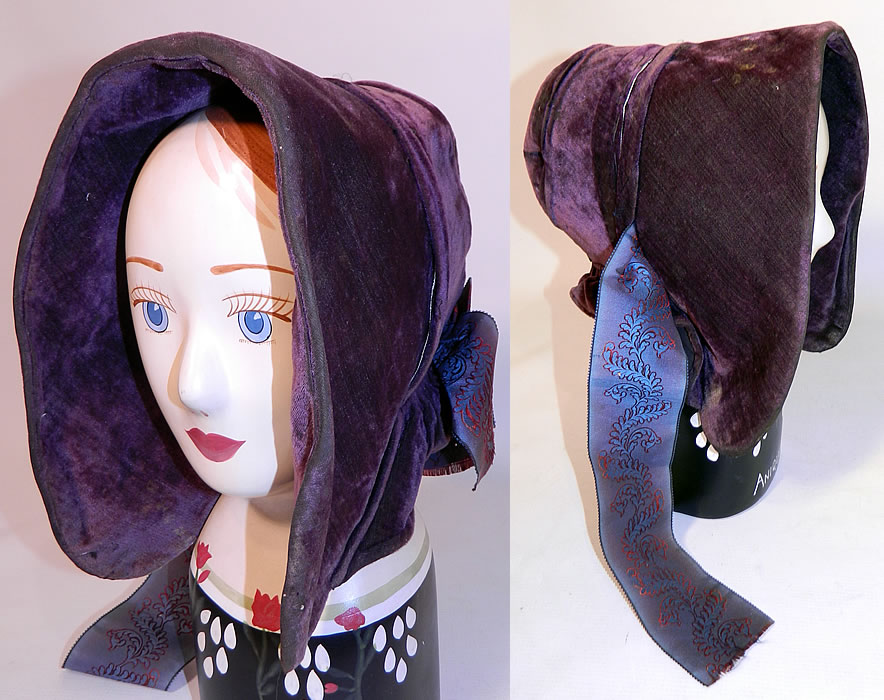 Victorian Civil War Era Antique Purple Violet Silk Velvet Drawn Spoon Bonnet. This antique Victorian Civil War era purple violet silk velvet drawn spoon bonnet dates from the 1860s. It is made of a purple violet color silk velvet fabric, with iridescent purple silk ribbon damask brocade bow trim accents.