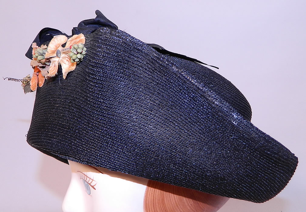 Edwardian Black Straw Orange Silk Velvet Floral Trim Upturned Wide Brim Hat. This beautiful black hat has an upturned wide brim front and smaller upturned back brim. 