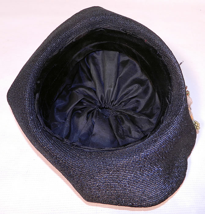 Edwardian Black Straw Orange Silk Velvet Floral Trim Upturned Wide Brim Hat.It is fully lined in a black silk fabric inside the crown. 