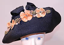 Vintage Edwardian Black Straw Orange Silk Velvet Floral Trim Upturned Wide Brim Hat