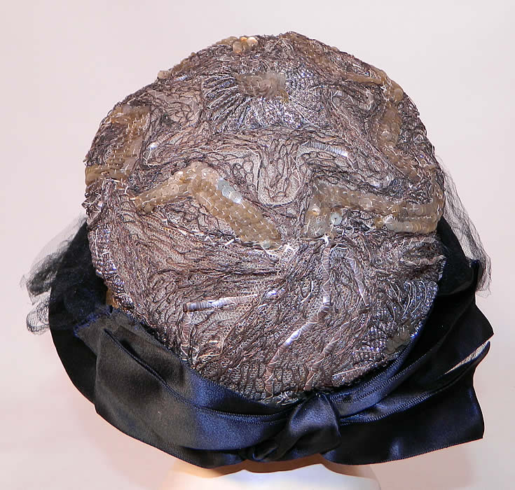 Vintage Emmaline Silver Lame Lam&eacute; Embroidered Sequin Trim Black Silk Wide Brim Cloche Hat
