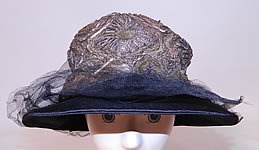 Vintage Emmaline Silver Lam&eacute; Embroidered Sequin Trim Black Silk Wide Brim Cloche Hat Lame
