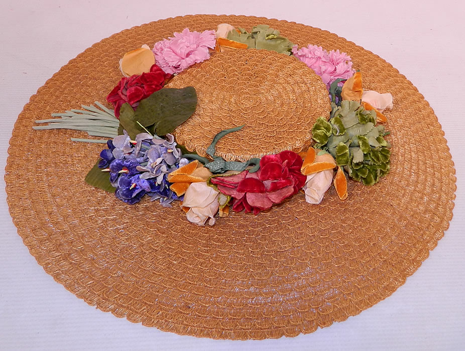 Vintage Woven Natural  Straw Silk Velvet Flowers Wide Brim Summer Cartwheel  Hat. This vintage woven natural straw silk velvet flowers wide brim summer sun cartwheel hat dates from the 1940s.