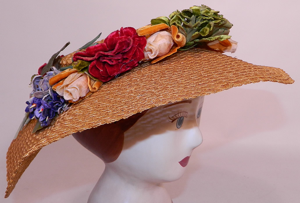 Vintage Woven Natural  Straw Silk Velvet Flowers Wide Brim Summer Cartwheel  Hat. The hat measures 18 inches in circumference inside the crown and 50 inches outside.