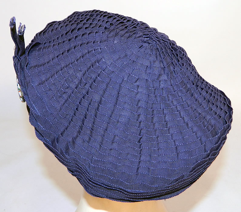 Vintage Eva Mae Navy Blue Pleated Beret Tam Hat & Italian Micro Mosaic Brooch Pin. The hat measures 22 inches inside crown circumference. 