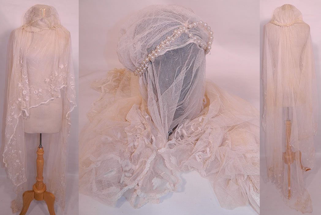Vintage Pearl Beaded Cap Long Princess Lace Net Wedding Veil. This vintage pearl beaded cap long princess lace net wedding veil dates from the 1920s.