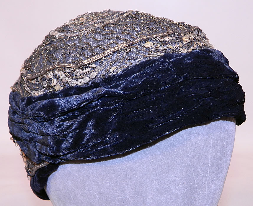 Vintage Art Deco Gold Lame Lam&eacute; Lace Net Sequin Black Velvet Flapper Cloche Hat. The hat measures 22 inches inside circumference. 