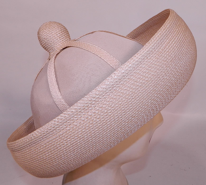 Vintage Oleg Cassini Woven Natural Straw Cream Silk Bumper Brim Hat. This stunning summer hat has a large bumper style upturned brim, woven straw trim straps and bulbous ball knot trimming on top.