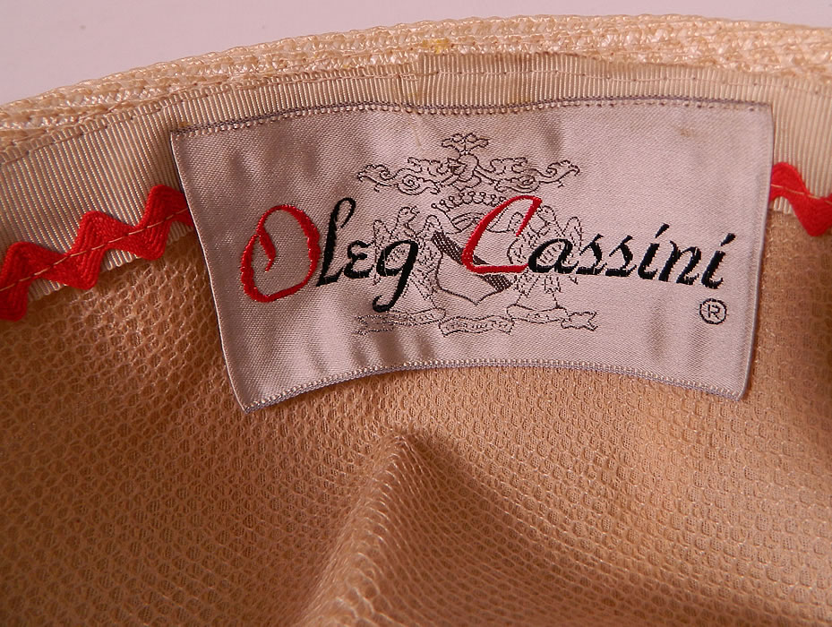 Vintage Oleg Cassini Woven Natural Straw Cream Silk Bumper Brim Hat. There is a "Oleg Cassini" designer label sewn inside.