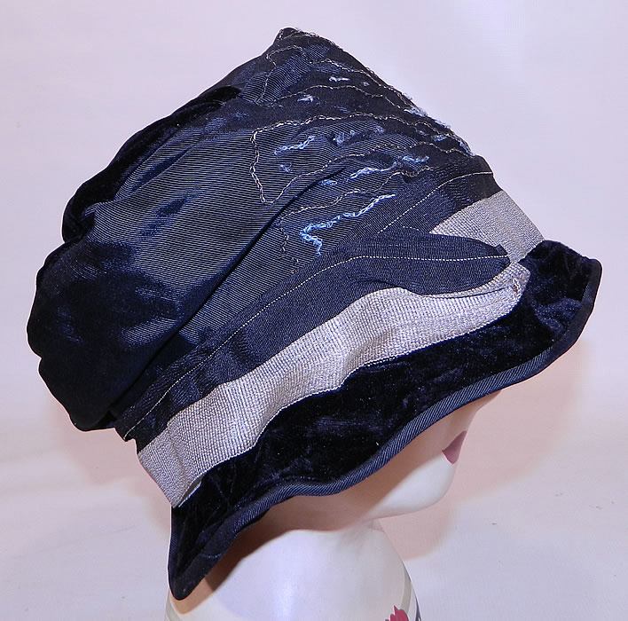 Vintage Dahlia Model Black Silk Velvet Gold Lame Lam&eacute; Embroidered Flapper Cloche Hat. The hat measures 22 inches inside circumference. 