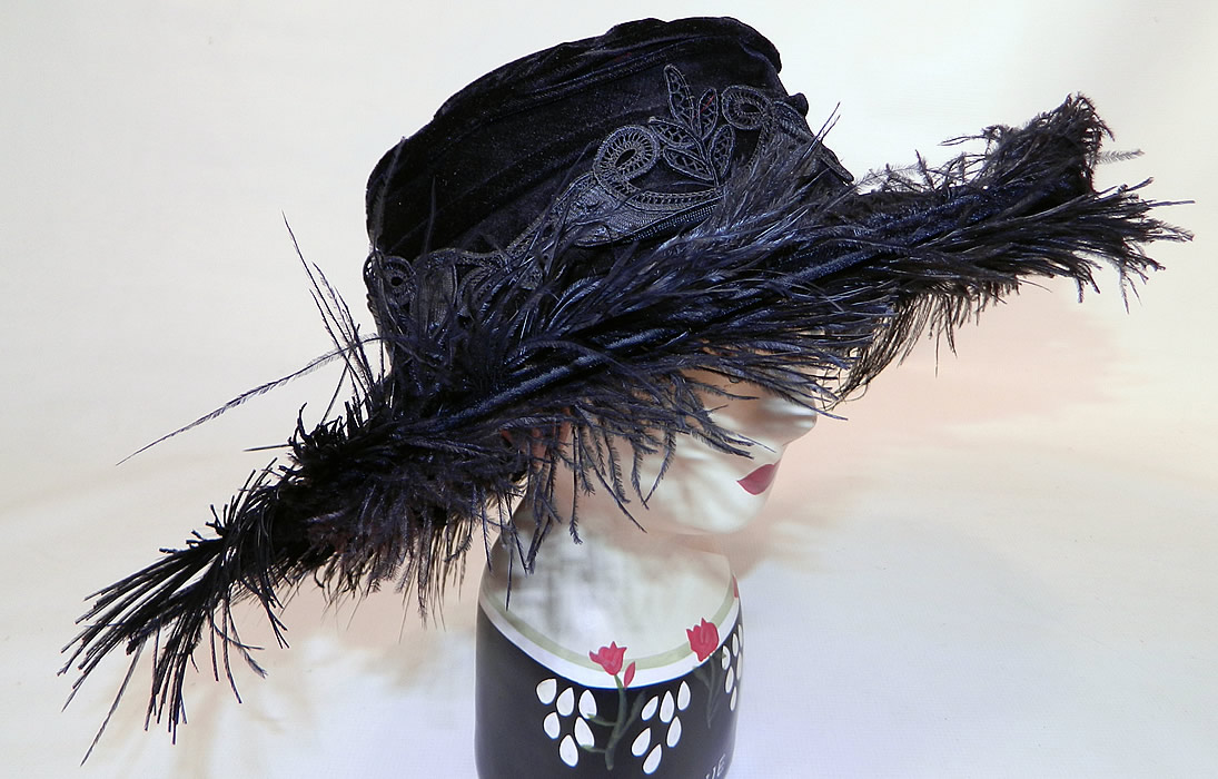 Edwardian Vintage Madame Gatecliff Modiste Black Velvet Lace Feather Trim Wide Brim Hat. There are two rhinestone encrusted hat pins, one long and one short. 