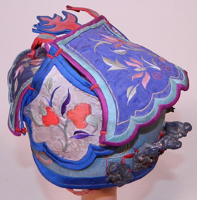 Antique Chinese Child Infant Silk Embroidered Silver Immortals Charm Wind Hat
The lotus flower is a symbol of purity and the pomegranate represents love, long life, fertility. 