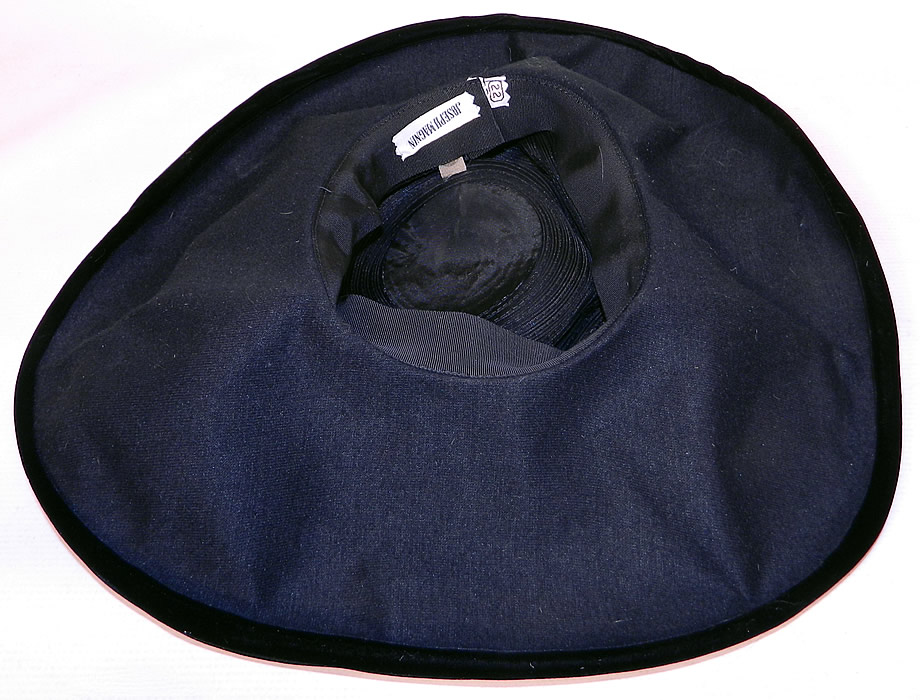 Vintage Joseph Magnin Black Pleated Ruched Silk Velvet Wide Brim Hat 
This is truly a wonderful piece of wearable millinery art!
