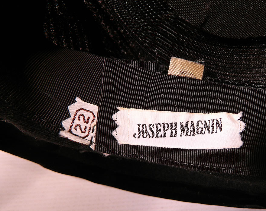 Vintage Joseph Magnin Black Pleated Ruched Silk Velvet Wide Brim Hat 
There is a "Joseph Magnin" label and size 22 tag sewn inside. 