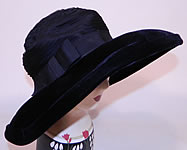 Vintage Joseph Magnin Black Pleated Ruched Silk Velvet Wide Brim Hat 
