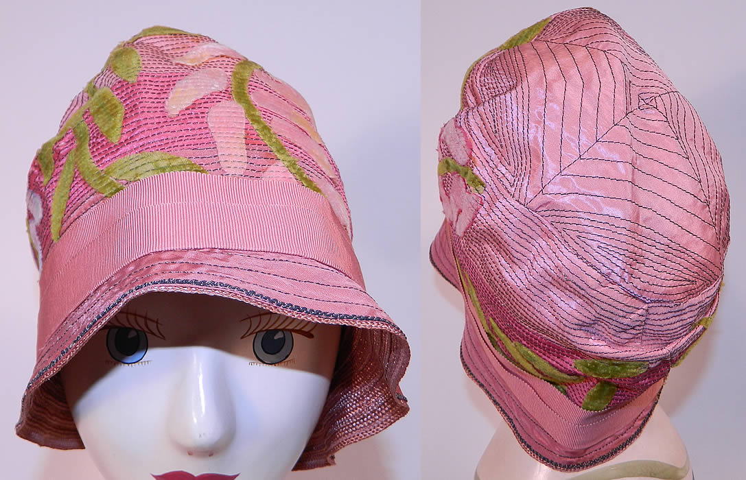 Vintage Art Deco Pink Silk Burnout Voided Velvet Floral Quilted Flapper Cloche Hat
The hat measures 22 inches inside crown circumference. 