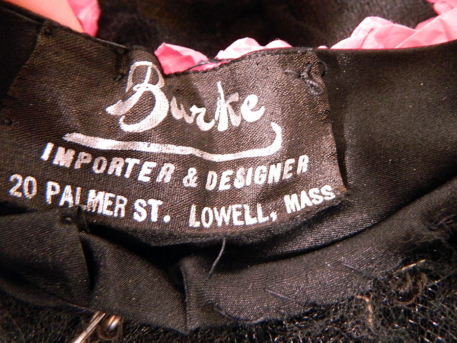 Vintage Burke Beaded Black Woven Horse Hair Straw Sheer Wide Brim Cloche Hat
There is black silk sweatband inside with a "Burke Importer & Designer 20 Palmer St. Lowell , Mass." label. 
