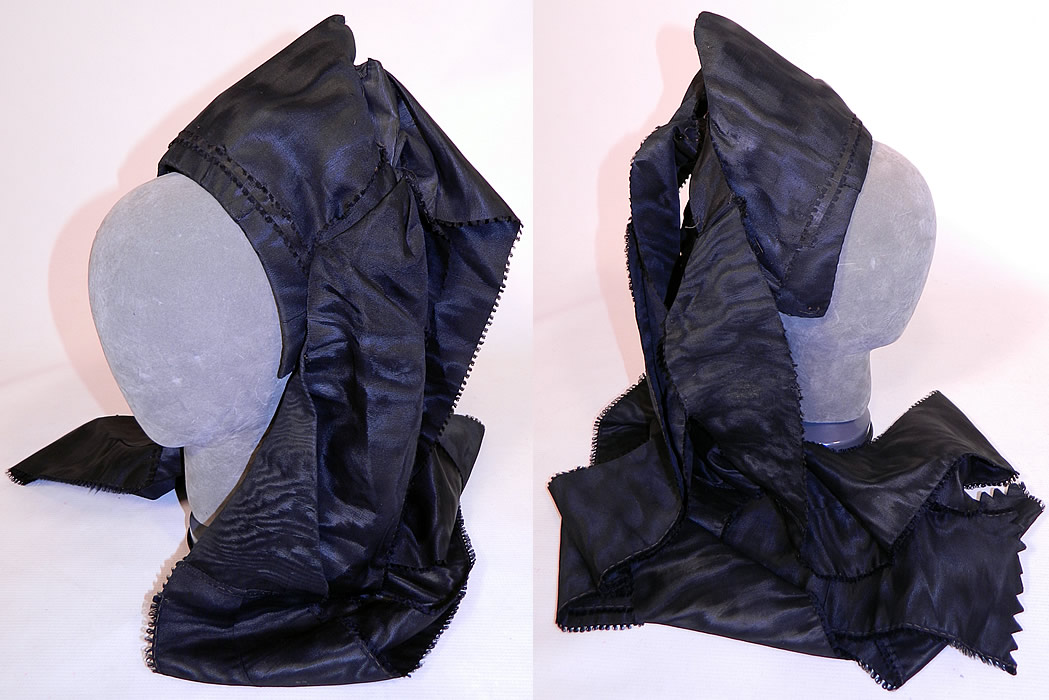 Antique Black Silk Ribbon Gold Bullion Embroidered Bavarian German Folk Bonnet Hat
It is hand stitched, made of a rigid rag cardboard base, lined inside in linen, with a cream silk fabric covering the outer back and gold bullion metal embroidery, sequin trim accents. 
