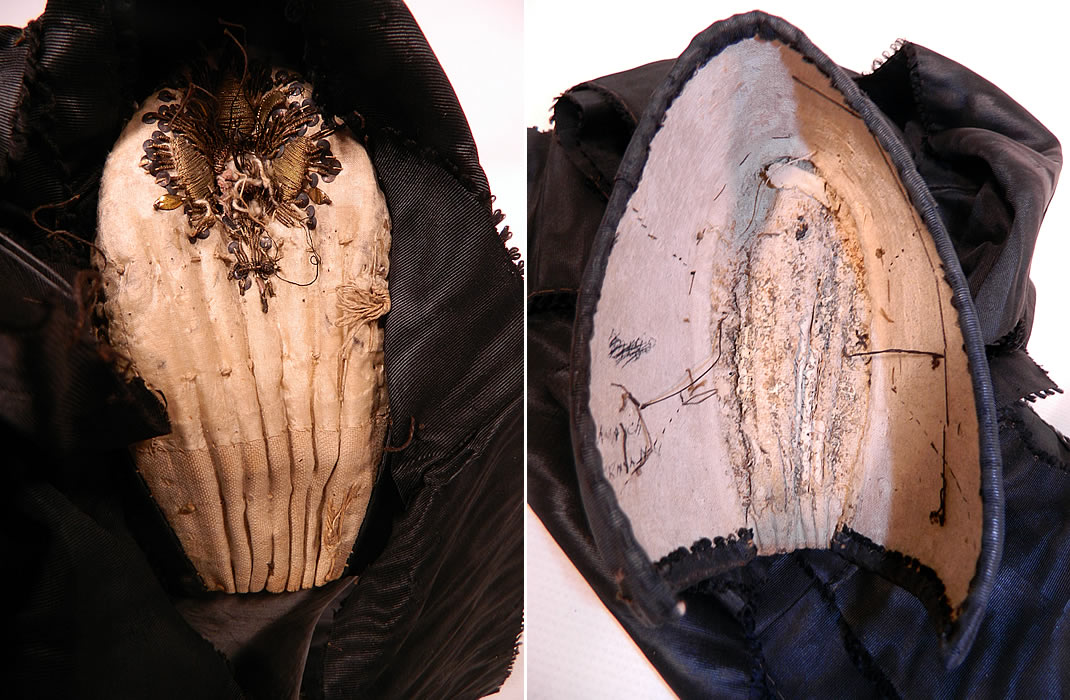 Antique Black Silk Ribbon Gold Bullion Embroidered Bavarian German Folk Bonnet Hat
There is black silk moire ribbon trim covering the front, top and cascading, draping down the sides.