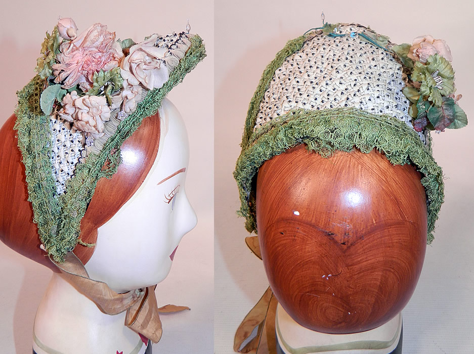 Victorian Civil War Beaded Woven White Straw Green Lace Pink Flower Trim Spoon Bonnet
This beautiful bonnet has a small crescent shape, with long curving sides which come to a point at the bottom, a high tall brim and brown silk ribbon ties for securing under the chin. The bonnet measures 17 inches in circumference around the front opening and is 6 inches deep. 