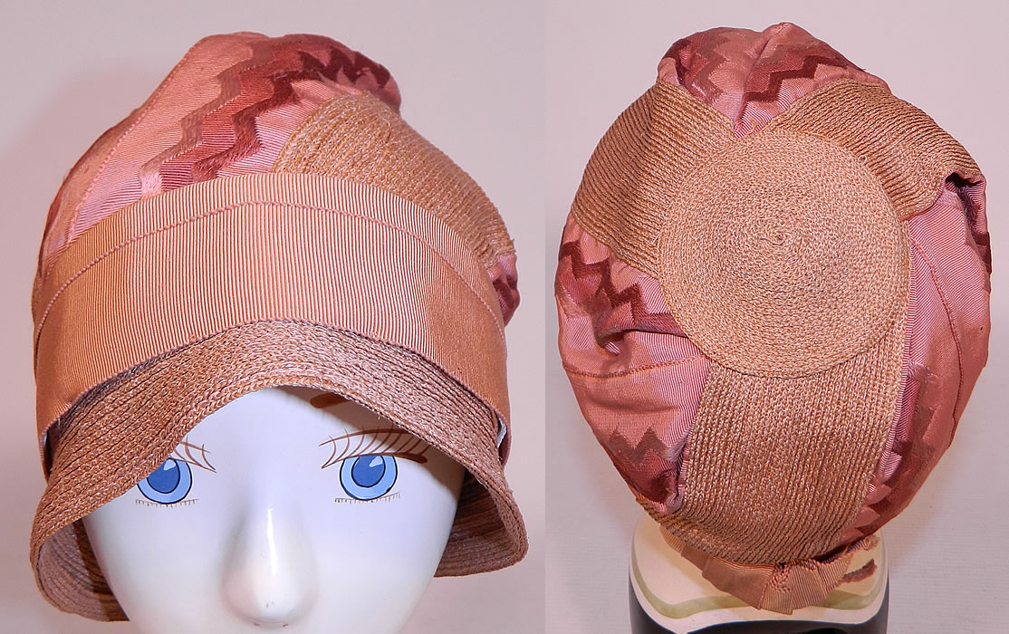 Vintage Art Deco Tango Pink Silk Ribbon & Woven Straw  Flapper Cloche Hat 
This fabulous flapper cloche style hat has a form fitting style with slight front brim and is fully lined in a silk fabric inside. 