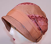 Vintage Art Deco Tango Pink Silk Ribbon & Woven Straw  Flapper Cloche Hat 
