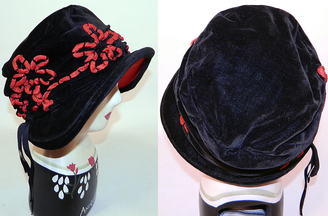 Vintage Black Velvet Red Soutache Embroidered Flower Flapper Cloche Hat
It is made of a black velvet fabric, with red raised soutache embroidered flowers and red silk lining backing under the brim. 