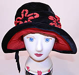 Vintage Black Velvet Red Soutache Embroidered Flower Flapper Cloche Hat
