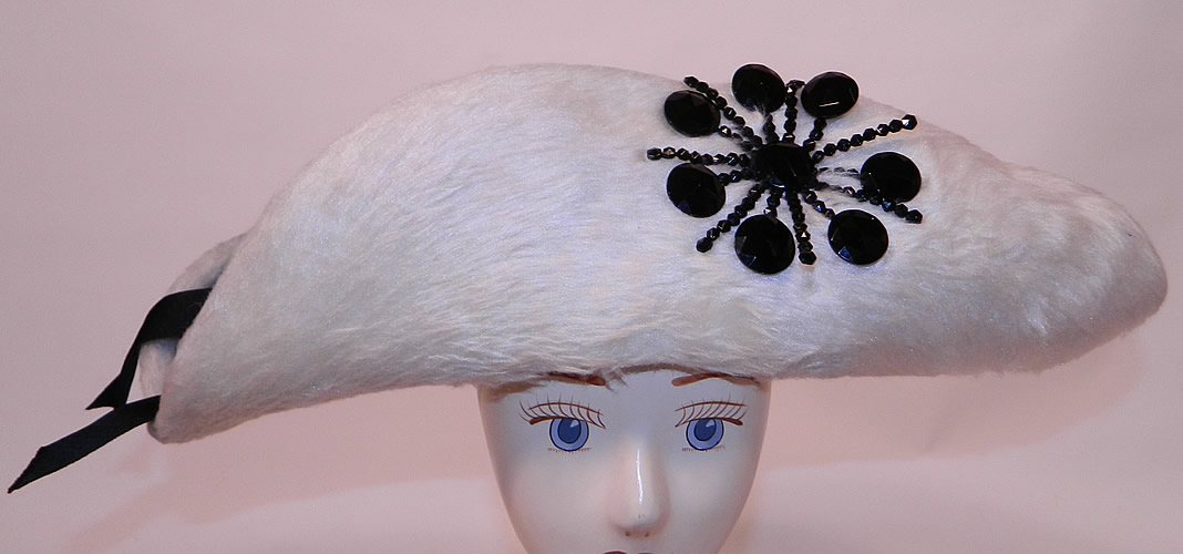 Vintage Leon Hats NY Label Black & White Felt Fur Jet Beaded Trim Tricorn Hat
It is made of a black wool felt fabric and a white plush faux beaver felt fur fabric. 