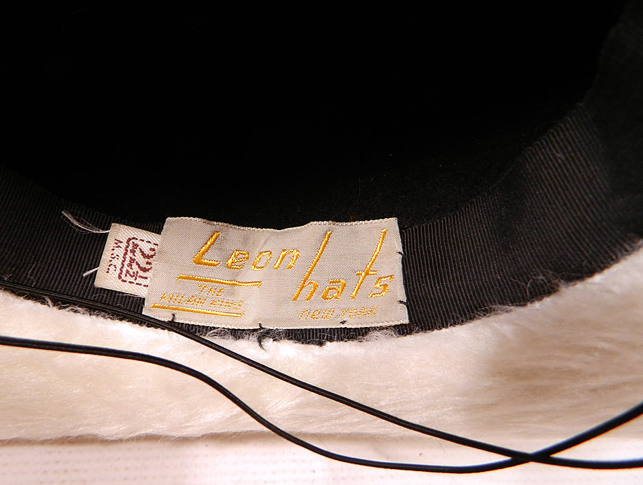 Vintage Leon Hats NY Label Black & White Felt Fur Jet Beaded Trim Tricorn Hat
There is a "Leon Hats New York" designer label, size 22 1/2 tag sewn inside. 