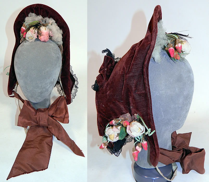 Victorian Civil War Brown Velvet Silk Roses Black Chantilly Lace Trim Drawn Spoon Bonnet.
 This antique Victorian Civil War era brown velvet, silk roses, black chantilly lace trim drawn spoon bonnet dates from the 1860s. It is made of a dark reddish brown color velvet fabric, with the original trimmings of pink silk roses, white tulle net, black chantilly lace and brown silk ribbon trim accents.
