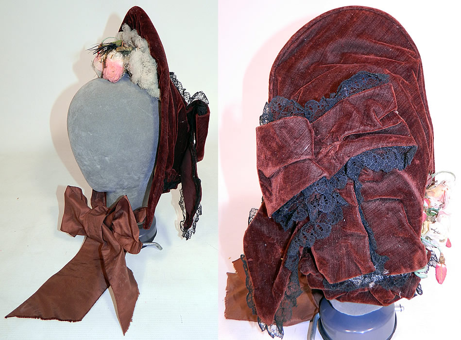Victorian Civil War Brown Velvet Silk Roses Black Chantilly Lace Trim Drawn Spoon Bonnet.
 This beautiful bonnet hat has a rigid stiffened, lined front brim with curving spoon style sides, a curtain, cape, flounced fabric drape back and silk ribbon ties for securing under the chin. It is lined inside with an off white muslin fabric. The bonnet measures 28 inches in circumference around the face.