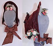 Victorian Civil War Brown Velvet Silk Roses Black Chantilly Lace Trim Drawn Spoon Bonnet.
 