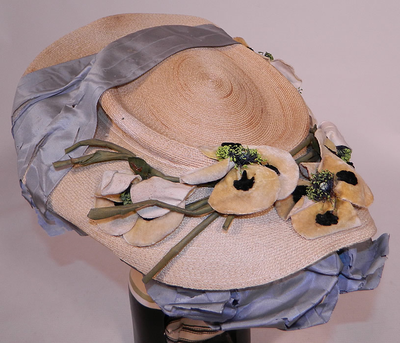 Victorian White Woven Straw Blue Silk Ribbon Floral Trim Wide Brim Gainsborough Hat
This quality made hat would have sat atop a full Gibson Girl style updo hairdo and secured with a large hat pin. 