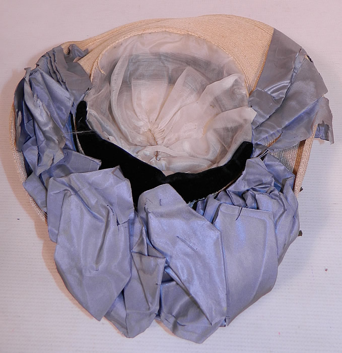 Victorian White Woven Straw Blue Silk Ribbon Floral Trim Wide Brim Gainsborough Hat
The hat measures 21 inches outside circumference. 