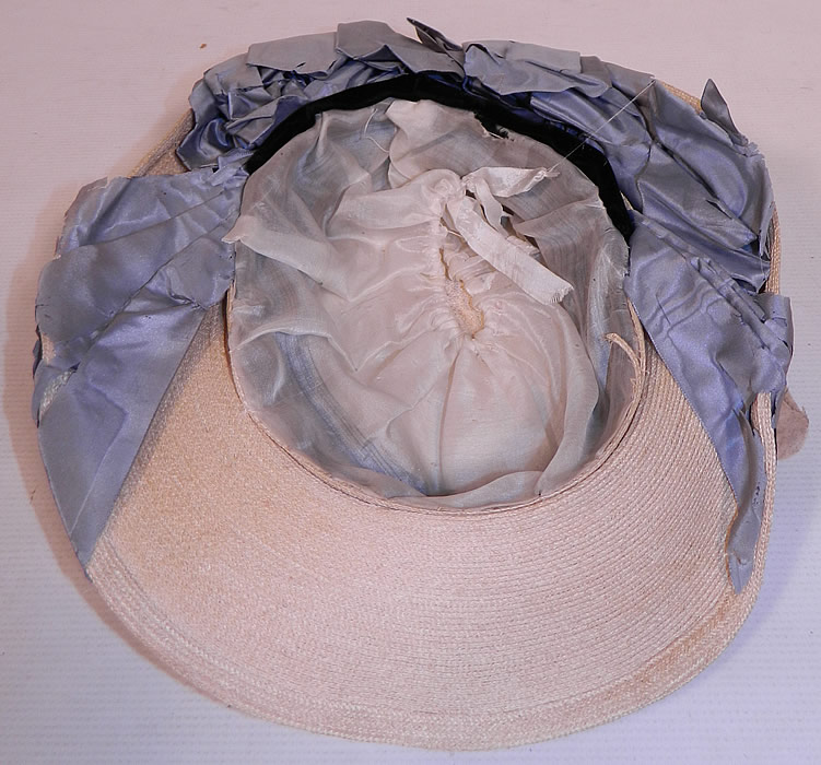 Victorian White Woven Straw Blue Silk Ribbon Floral Trim Wide Brim Gainsborough Hat
It is in good condition, with some frayed splits on the blue silk ribbon trim. This is truly a wonderful piece of wearable millinery art! 