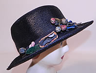 Edwardian Belle Epoque Woven Black Straw Gold Metallic Floral Trim Wide Brim Hat
