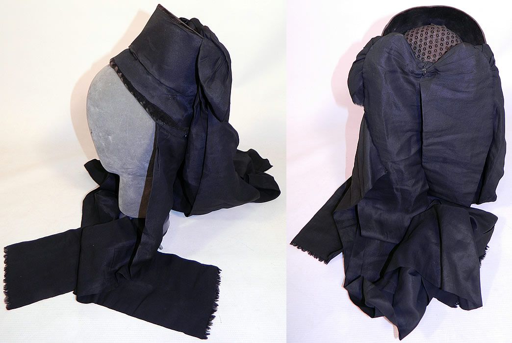 Antique Black Silk Ribbon Bow Bavarian German Folk Bonnet Mourning Hat
There is black silk ribbon trim cascading, draping down the sides and a large bow on the back. This early European Goldhaube, Bodenhaube, haube headdress cap bonnet was the traditional tracht German folk costume worn by the women of the Bavarian region of Munich Germany and was perhaps used during the mourning period due to the all black color.