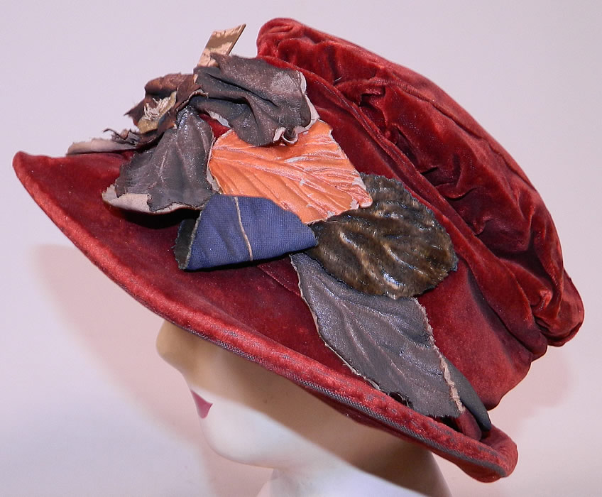 Vintage Autumn Burgundy Red Velvet Silver Lame Leaf Trim Wide Brim Cloche Hat Lam&eacute;
There is an Art Deco decorative hatpin trimming the front. 