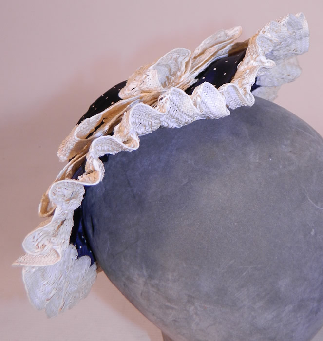 Vintage Navy Blue White Polka Dot Woven Straw Bow Heart Shape Fascinator Hat
This unique womens small sweetheart baby bonnet style heart shape fascinator cocktail hat is worn on the back of the head with a hat pin to hold in place and is fully lined. 
