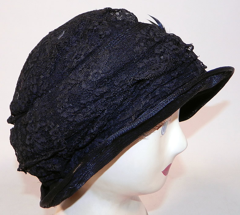 Vintage  Black Woven Straw Silk Lace Red Flower Feather Trim Flapper Cloche Hat
The hat measures 22 inches inside circumference. It is in good condition. This is truly a wonderful piece of wearable Art Deco textile art!