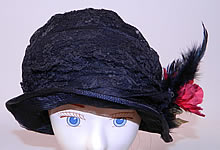 Vintage  Black Woven Straw Silk Lace Red Flower Feather Trim Flapper Cloche Hat
