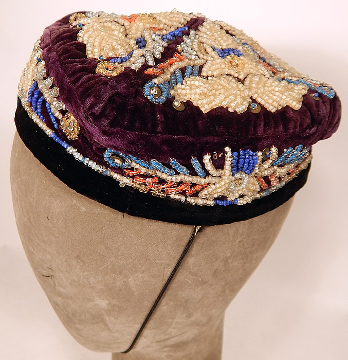Antique Uzbek Beaded Velvet Victorian Smoking Cap Duppi Hat Tubeteika
It is hand stitched, made of a dark purple plum color velvet fabric, with colorful bead work decorative designs. 