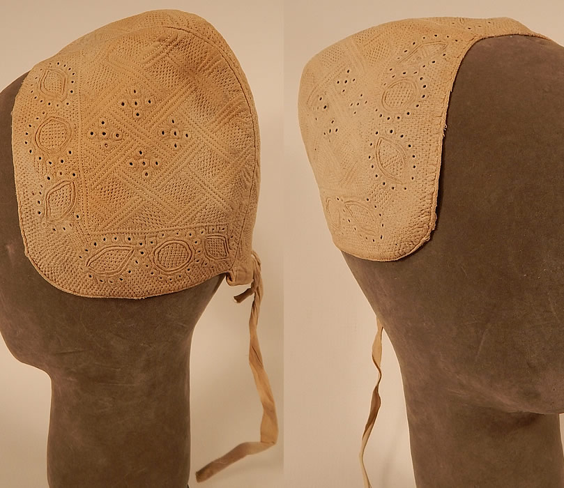 19th Century Antique Linen Quilted Embroidered Slovakia Folk Bonnet Cap Hat
This antique linen quilted embroidered Slovakia folk bonnet cap hat dates from the early 19th century. It is hand stitched, made of home spun natural flax linen fabric, with tiny embroidered stitching, trapunto style quilting and eyelet cutwork done in decorative designs.