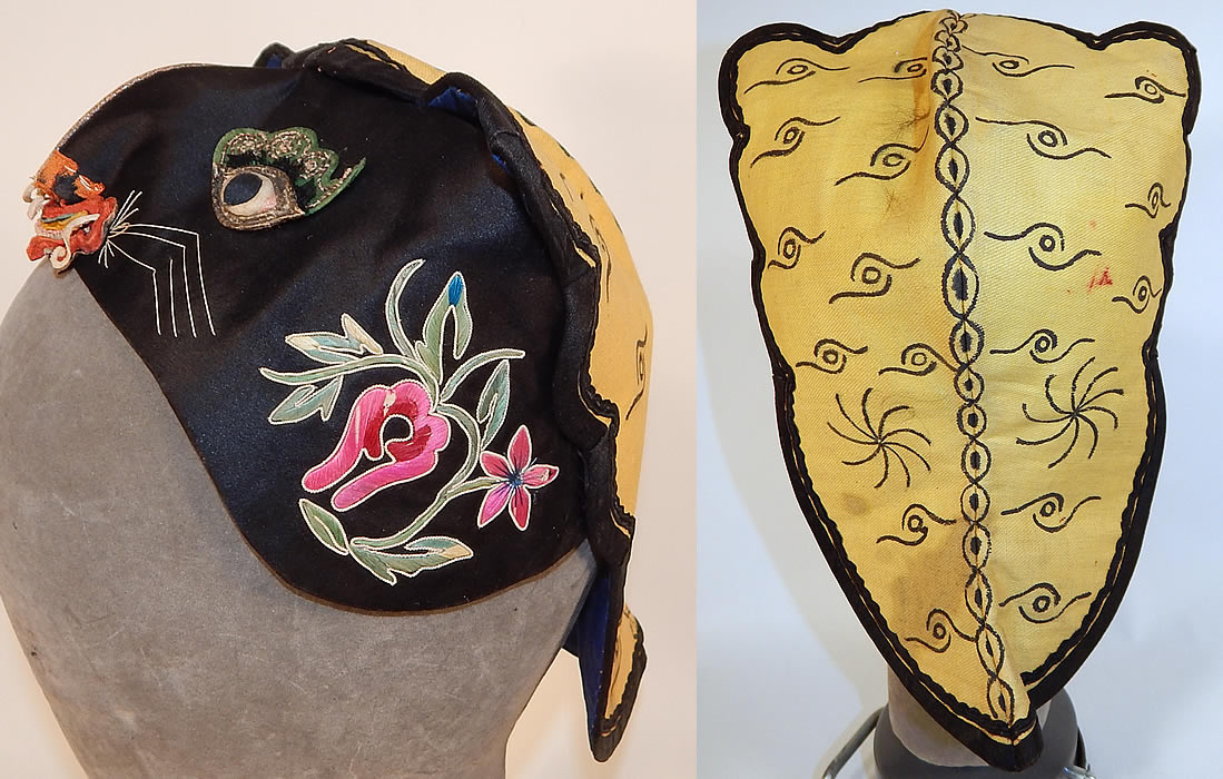 Antique Chinese Child Infant Silk Embroidered Applique Tiger Cat Wind Hat
This unusual animal shaped hand crafted hat has a three dimensional face of a smiling grinning tiger on the front and a yellow and black striped detail back. The tigers ferocious powers make it an especially popular protective image and would have been used to frighten off evil spirits.  