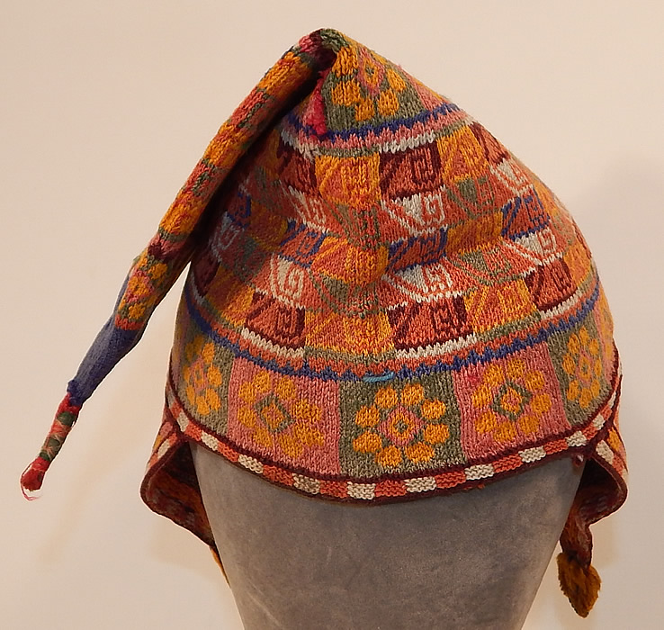 Vintage Andean Peruvian Bolivian Chullo Colorful Alpaca Wool Knit Earflap Folk Hat
This Andean Peruvian, Bolivian chullo style knit hat has earflaps for warmth and is missing the tie strap to secure under the chin. 