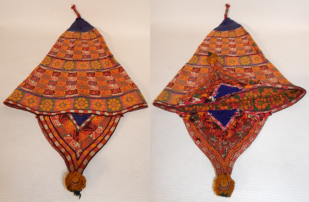 Vintage Andean Peruvian Bolivian Chullo Colorful Alpaca Wool Knit Earflap Folk Hat
It is in good condition, with only some minor wear and is missing the chin strap ties (see close-up). This is a truly a wonderful piece of Andean hand knit textile folk art!