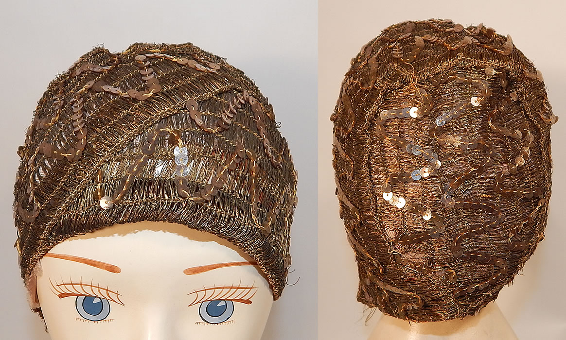 Vintage Smart Hat Label Art Deco Gold Lam&eacute; Lame Woven Sequin Beaded Flapper Cloche
The hat is made of a woven gold metallic lam&eacute; mesh fabric, with gold metallic sequin beaded zigzag design accents. 
