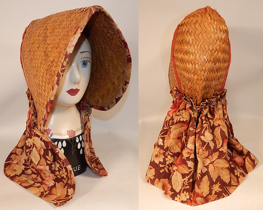 Victorian Womens Woven Natural Straw Chintz Curtain Sunbonnet Sunhat Bonnet
This antique Victorian womens woven natural straw chintz curtain sunbonnet sunhat dates from the 1880s. It is made of a woven natural straw basket weave, with a colorful floral print chintz calico cotton fabric flounce on back
