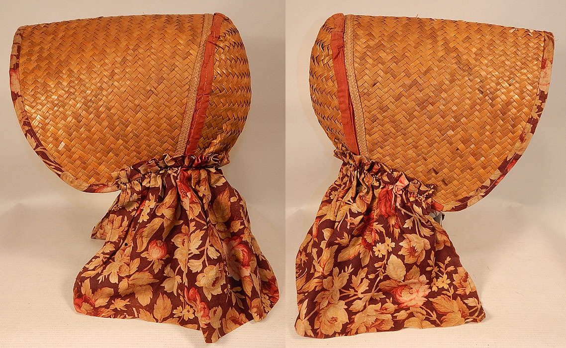 Victorian Womens Woven Natural Straw Chintz Curtain Sunbonnet Sunhat Bonnet
This women's summer sunhat sunbonnet would have been worn while working in the fields, with a wide large broad brim to shade the face from the sun and long curtain cape ruffle back drape flounce for protection. 